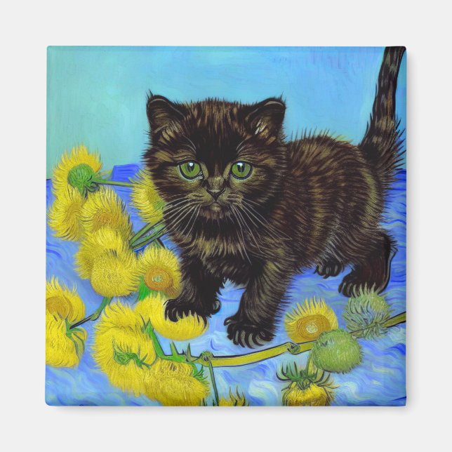 Íman Gato de estilo Van Gogh com Sunflower (Frente)