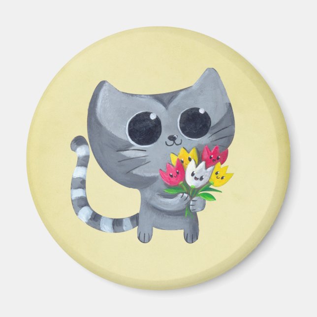Íman Gato de Gato e flores (Frente)