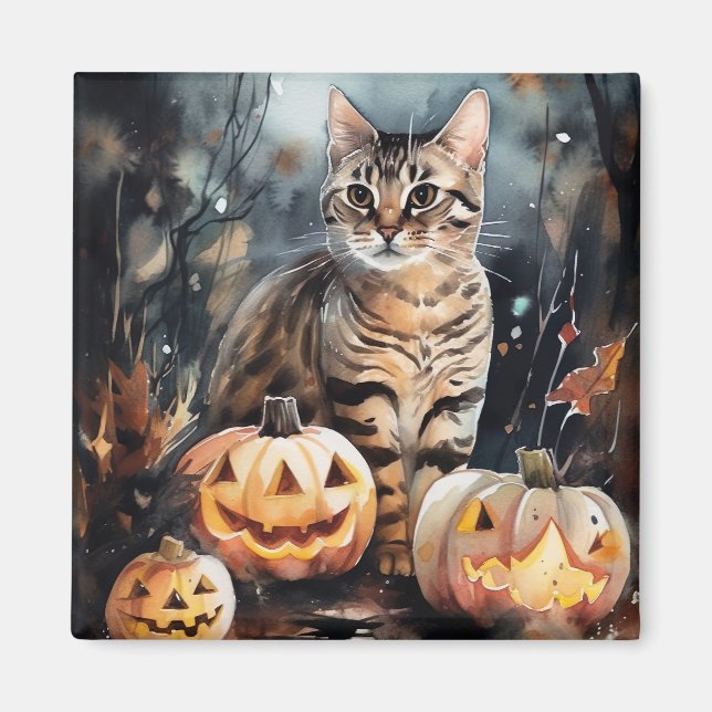 Íman Gato de Halloween Bengal com Pumpkins assustado (Frente)