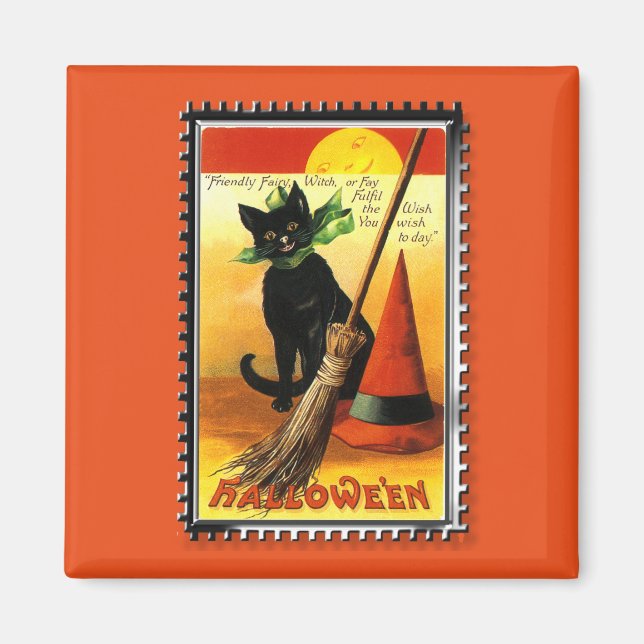 Íman Gato de Halloween Sentado Chapéu de Bruxas (Frente)
