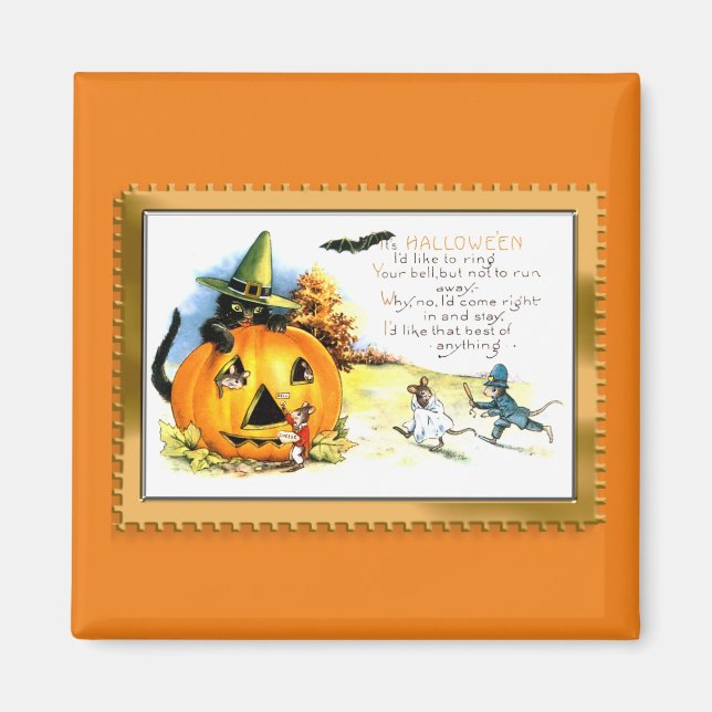 Íman Gato de Halloween Sentado no Jack O Lantern (Frente)