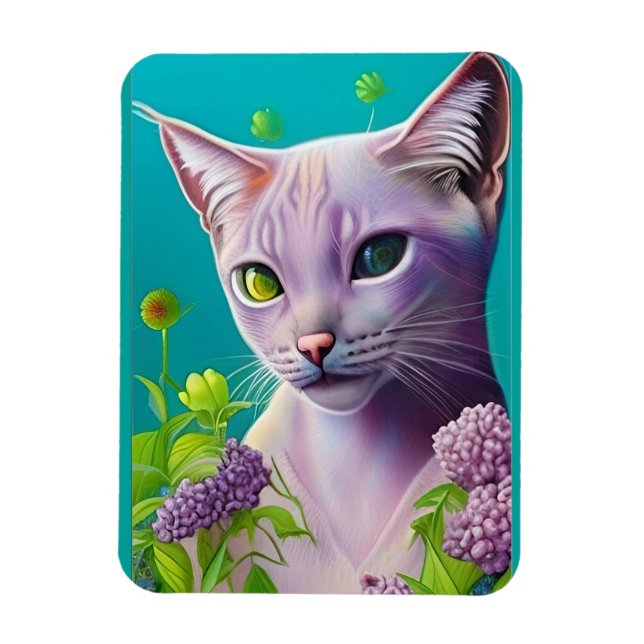 Íman Gato de Lilac Siamese em flores lilás em Teal (Vertical)