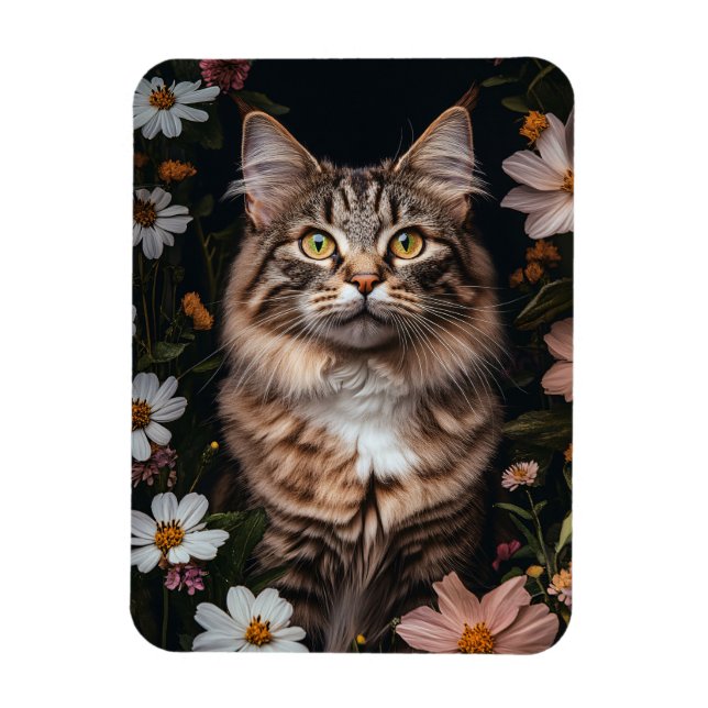 Íman Gato de Maine Coon cercado por Flores Flexíveis (Vertical)