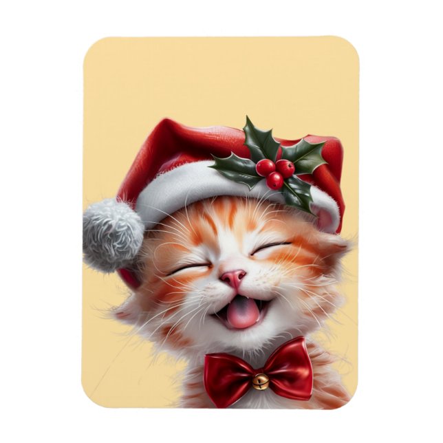Íman Gato de Natal bonito com Chapéu Santa e Arco (Vertical)