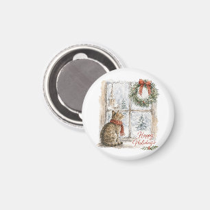 Íman Gato de Natal na Janela com Coroa