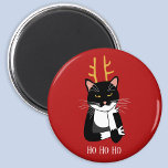 Íman Gato de Natal sarcástico<br><div class="desc">Um sarcástico engraçado,  irritado e sem entusiasmo gato de smoking preto e branco com chifres de Natal.  Ho ho ho,  e todas essas coisas.
Altere o texto ou remova-o para personalizar ainda mais.</div>