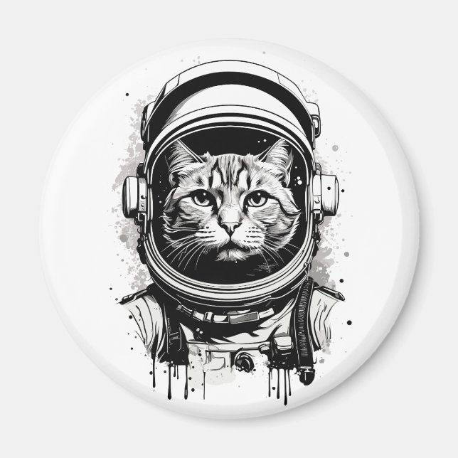 Íman Gato do Astronauta Negro e Branco (Frente)