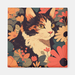 Íman Gato do Calico Elegante no Jardim Floral