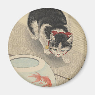 Íman Gato e bacia de peixe dourado por Ohara Koson