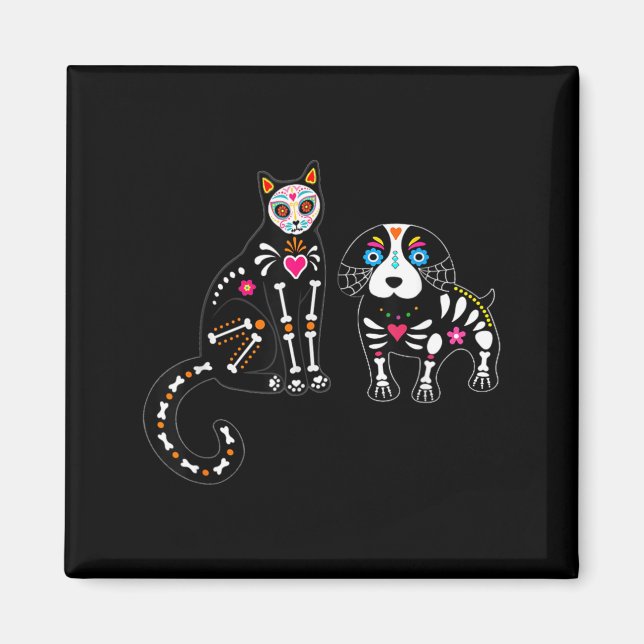 Íman Gato e Cachorro Caveira de Açúcar Funny Halloween (Frente)