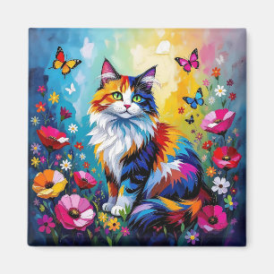 Íman Gato e Flores Coloridos e com Impasto Bonito