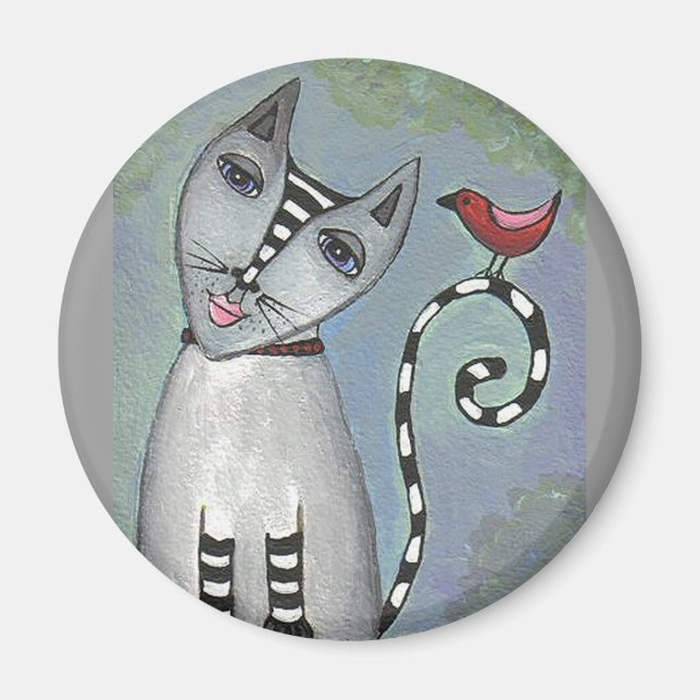 Íman Gato e Pássaro Vermelho - ímã (Frente)