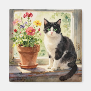 Íman Gato em aquarela e flores no parapeito da janela