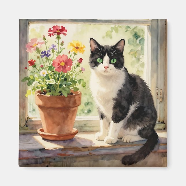 Íman Gato em aquarela e flores no parapeito da janela (Frente)