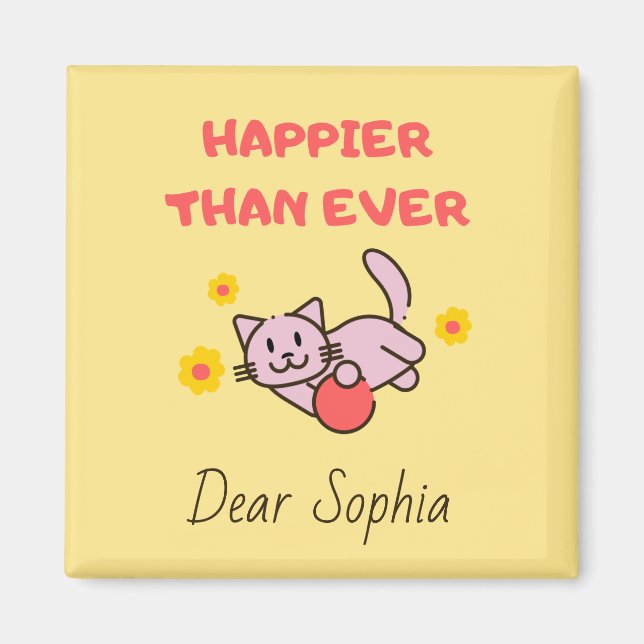 Íman Gato Feliz Amarelo com Magneta de Flores (Frente)