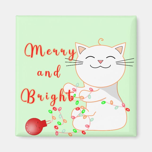Íman Gato Feliz Brincando Com Luz de LED | Natal Fofo  (Frente)