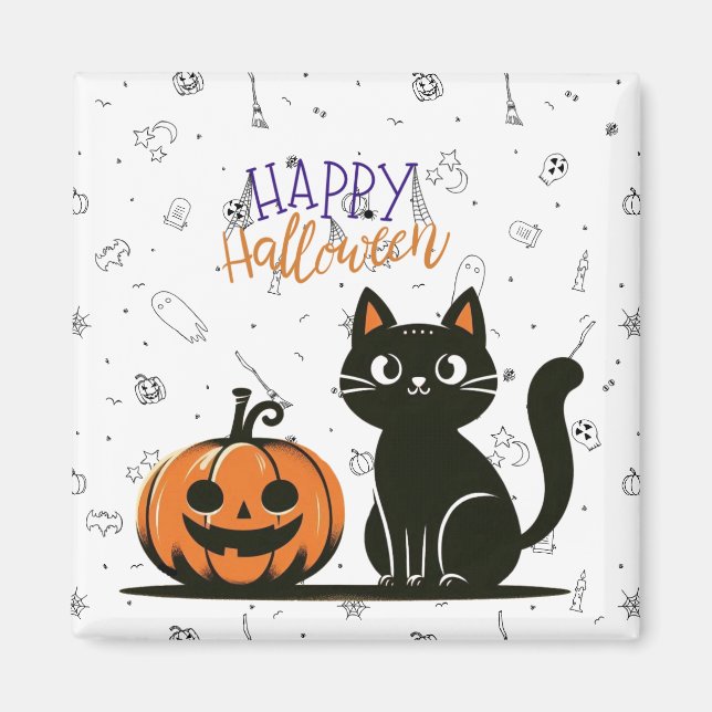Íman Gato feliz de Halloween & abóbora (Frente)