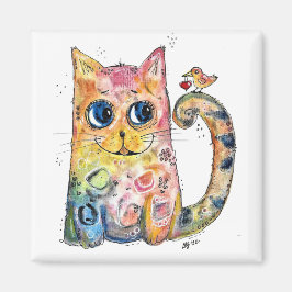 Íman Gato Feliz e Bonito com Pássaro