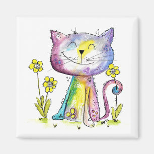 Íman Gato Feliz Esbranquiçado e Bonito com Flores Amar