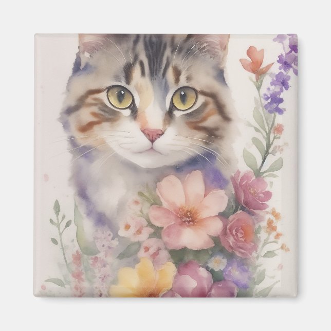 Íman Gato Floral em Aquarela Fofa (Frente)