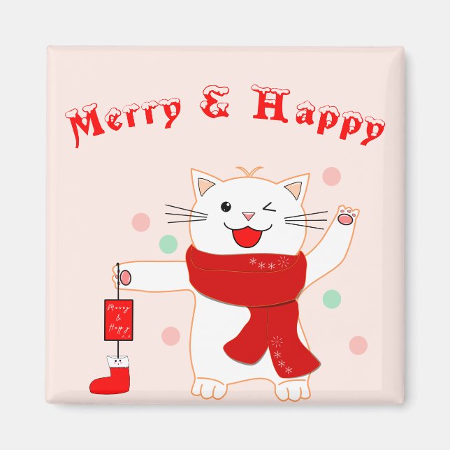 Íman Gato Fofo Alegre & Feliz | Ímã de Natal Fofo (Frente)