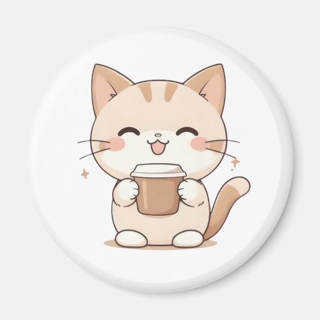 Íman Gato Fofo Bebendo Café Design Kawaii (Frente)