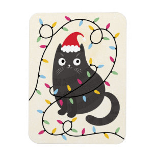 Íman Gato fofo com chapéu de Papai Noel e luzes de Nata