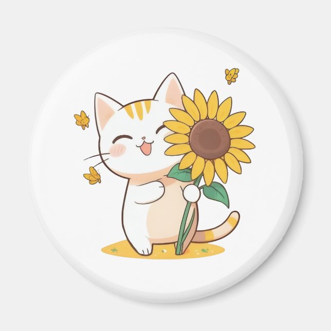 Íman Gato Fofo com Design Kawaii de Girassol (Frente)