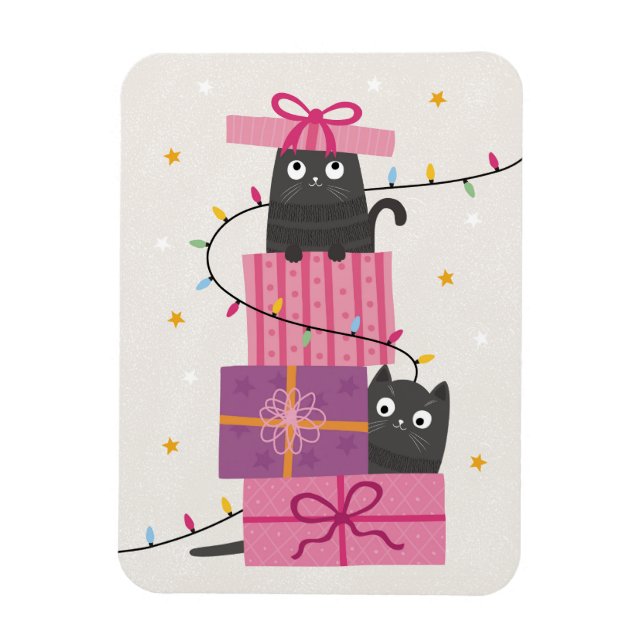 Íman Gato fofo com luzes e presentes de Natal (Vertical)