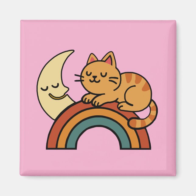 Íman Gato Fofo Dormindo no Arco-Íris com Lua – Gato Eng (Frente)
