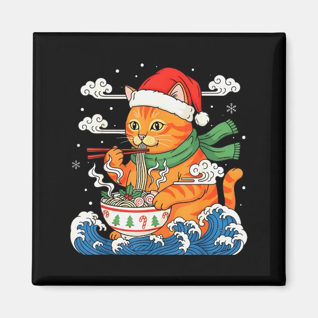 Íman Gato japonês engraçado de Natal comendo ramen  (Frente)