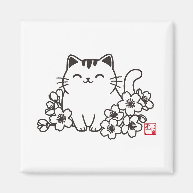 Íman Gato Japonês Fofo e Sakura com Carimbo "Neko" (Frente)