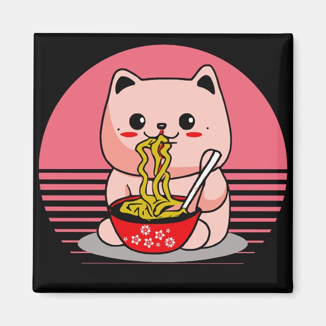 Íman Gato Kawaii bonito comendo rêmen (Frente)