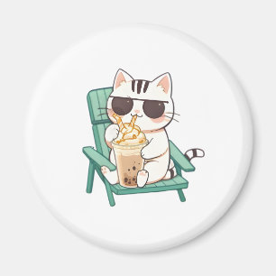 Íman Gato Kawaii Chibi de Óculos de Sol Bebendo Frappè