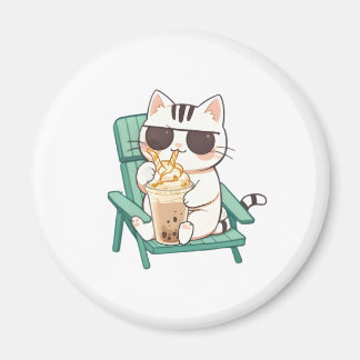 Íman Gato Kawaii Chibi de Óculos de Sol Bebendo Frappè