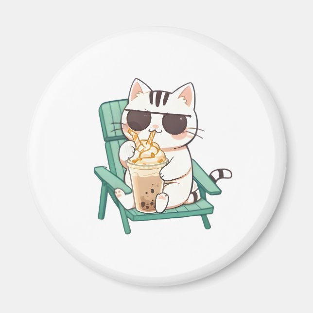 Íman Gato Kawaii Chibi de Óculos de Sol Bebendo Frappè (Frente)