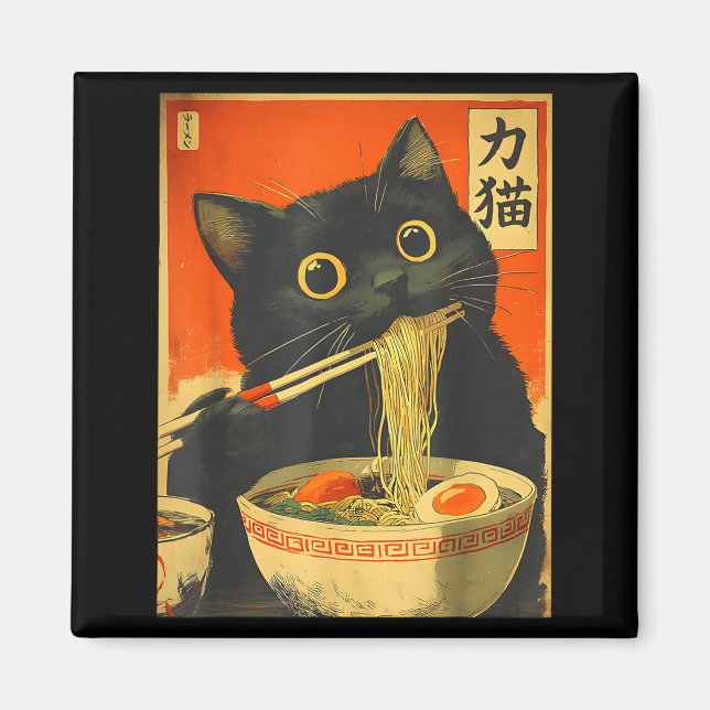 Íman Gato Kawaii Comendo Macarrão Ramen Presente Divert (Frente)