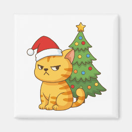 Íman Gato Laranja Mal-Humorado com Chapéu de Natal Árvo