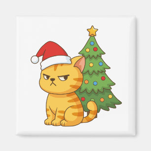 Íman Gato Laranja Mal-Humorado com Chapéu de Natal Árvo