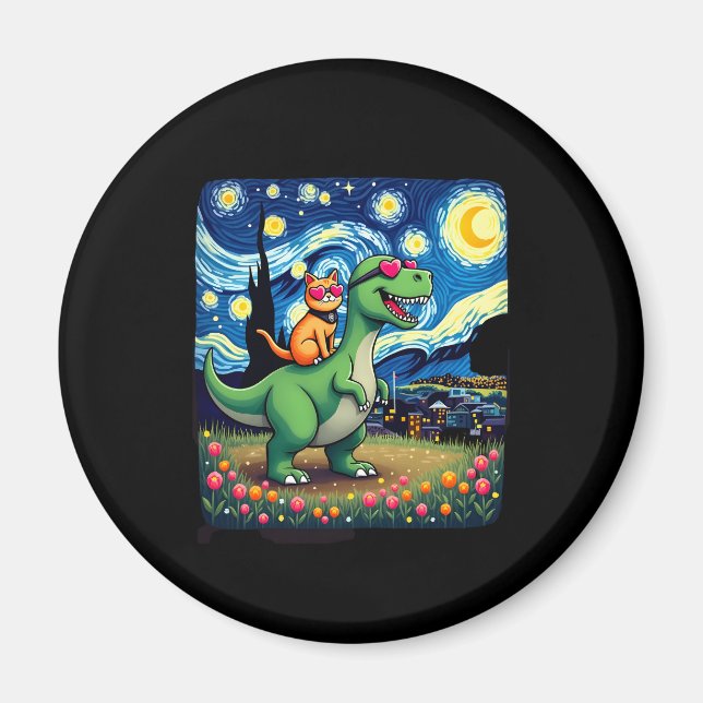 Íman Gato Montando Dinossauro T-Rex Noite Estrelada Ama (Frente)