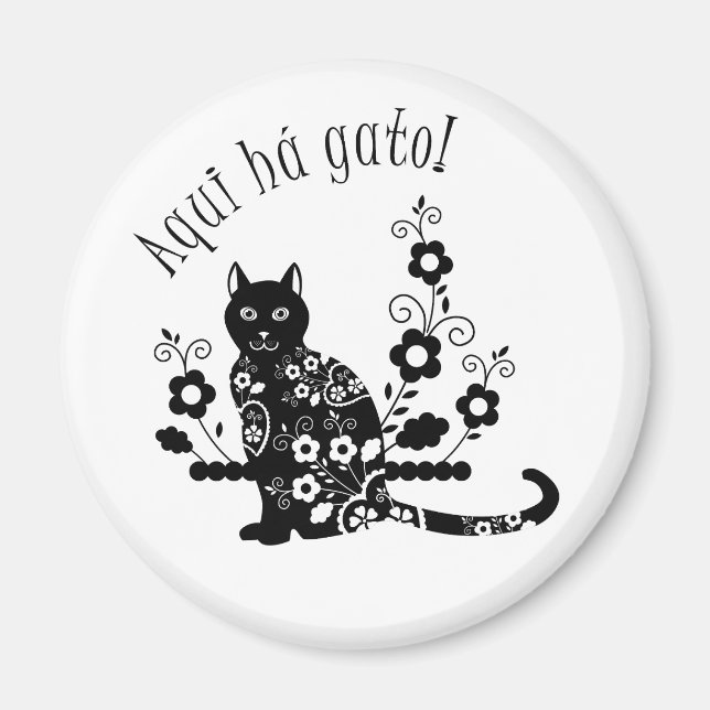 Íman Gato negro com flores e expressão portuguesa (Frente)