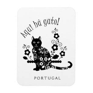 Íman Gato negro com flores e expressão portuguesa