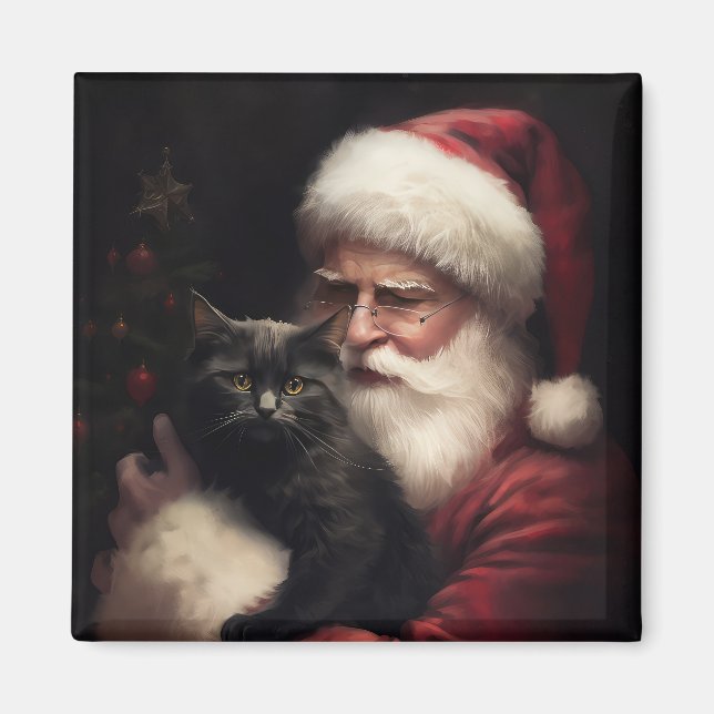Íman Gato Negro com Papai Noel Natal Festivo (Frente)