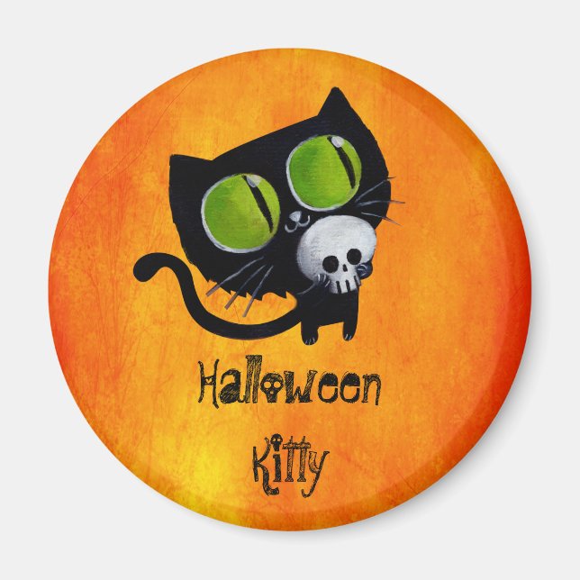 Íman Gato Negro de Halloween com crânio (Frente)