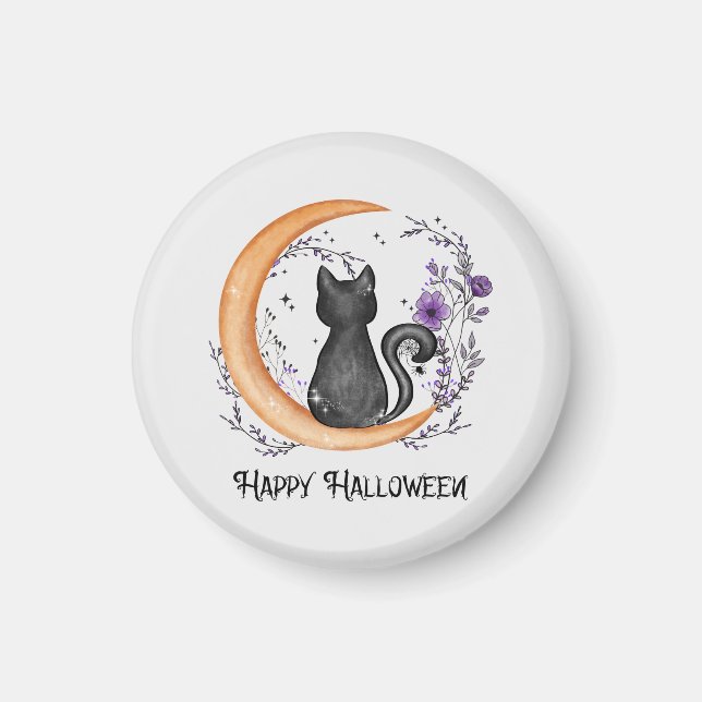 Íman Gato Negro e Lua Crescente para Feliz Halloween (Frente)