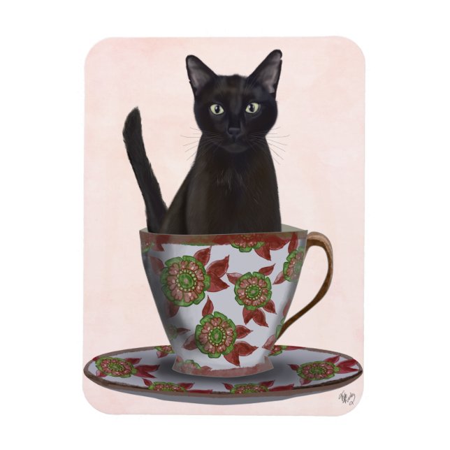 Íman Gato Negro em Teacup (Vertical)