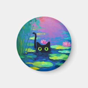 Íman Gato Negro Engraçado Nadando Pond   Quirky Art