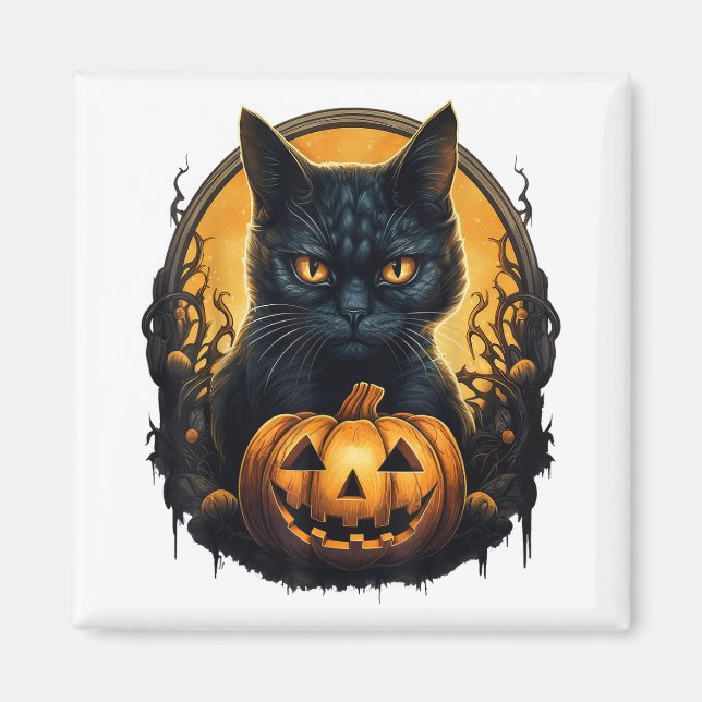Íman Gato Negro Halloween Assustador Pumpkins Moon Blac (Frente)
