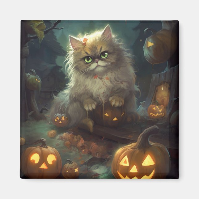 Íman Gato Persa do Halloween Com Pumpkins Assustado (Frente)