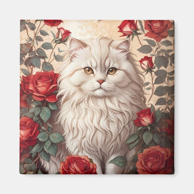 Íman Gato Persa Elegante Vintage com Rosas (Frente)